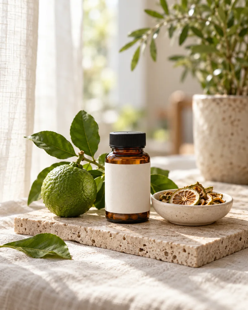 Botanical still life with green citrus, leaves and an unbranded amber bottle beside a sunlit window
